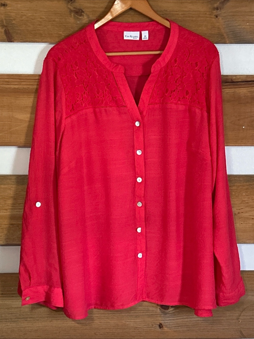 Kim Rogers Shade of Red Lace Floral Long Sleeve Button Down Sheer Gauze Size 3X